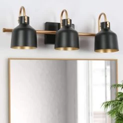 Modern Bathroom Vanity Light, 22.5 in. 3-Light Farmhouse Black and Gold Bell Cylinder Wall Sconce Light by Uolfin