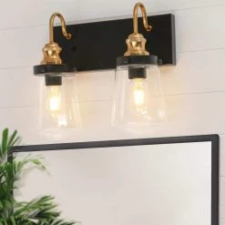 Modern Industrial Bathroom Wall Sconce 2-Light Black and Gold Transitional Bell Vanity Light with Clear Glass Shades by Uolfin