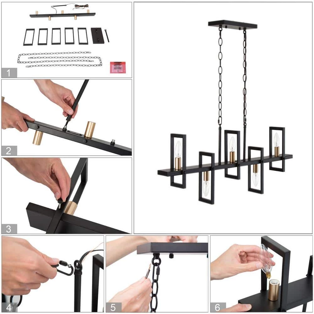 Modern Black & Brass Island Chandelier Taine 5-Light Linear Chandelier Light with Candlestick Design by Uolfin - Image 6