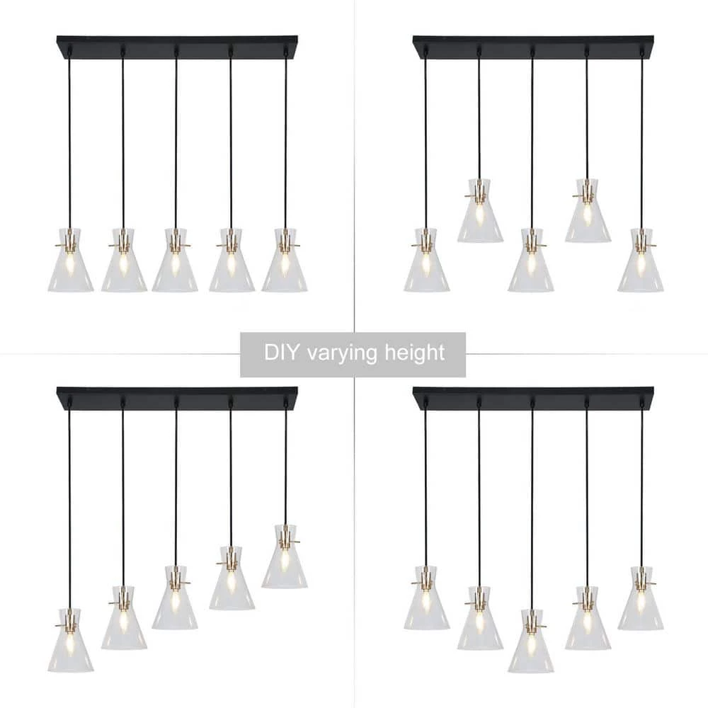 Modern Farmhouse Island Chandelier Light, 5-Light Black and Gold Transitional Chandelier with Seeded Glass Shades by Uolfin - Image 4