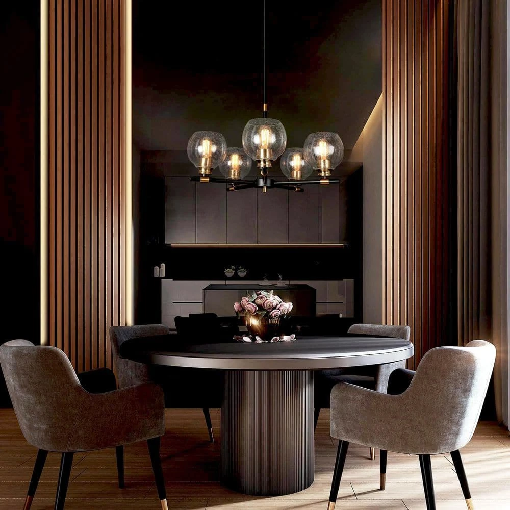 Modern Sputnik Dining Room Chandelier Light 5-Light Black & Brass Chandelier Pendant Light with Seeded Glass Shades by Uolfin - Image 3