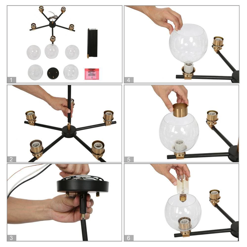 Modern Sputnik Dining Room Chandelier Light 5-Light Black & Brass Chandelier Pendant Light with Seeded Glass Shades by Uolfin - Image 7