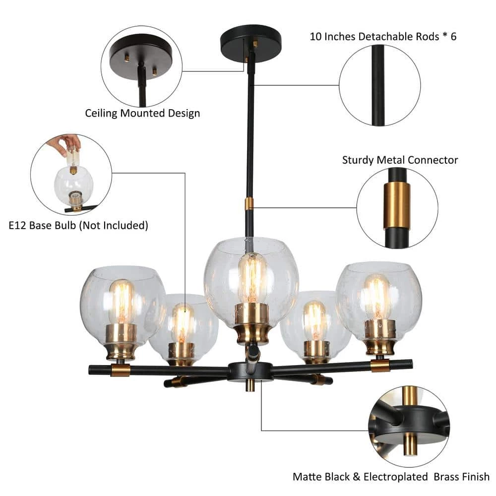 Modern Sputnik Dining Room Chandelier Light 5-Light Black & Brass Chandelier Pendant Light with Seeded Glass Shades by Uolfin - Image 6