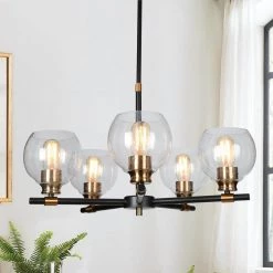 Modern Sputnik Dining Room Chandelier Light 5-Light Black & Brass Chandelier Pendant Light with Seeded Glass Shades by Uolfin