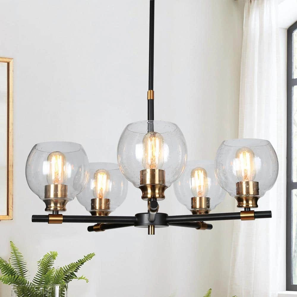 Modern Sputnik Dining Room Chandelier Light 5-Light Black & Brass Chandelier Pendant Light with Seeded Glass Shades by Uolfin