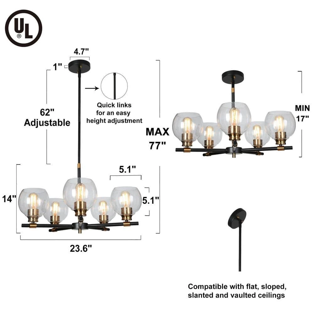 Modern Sputnik Dining Room Chandelier Light 5-Light Black & Brass Chandelier Pendant Light with Seeded Glass Shades by Uolfin - Image 5