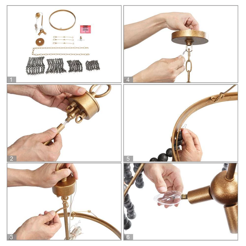 3-Light Black and Brass Gold Chandelier Light with Wooden Beads by Uolfin - Image 5