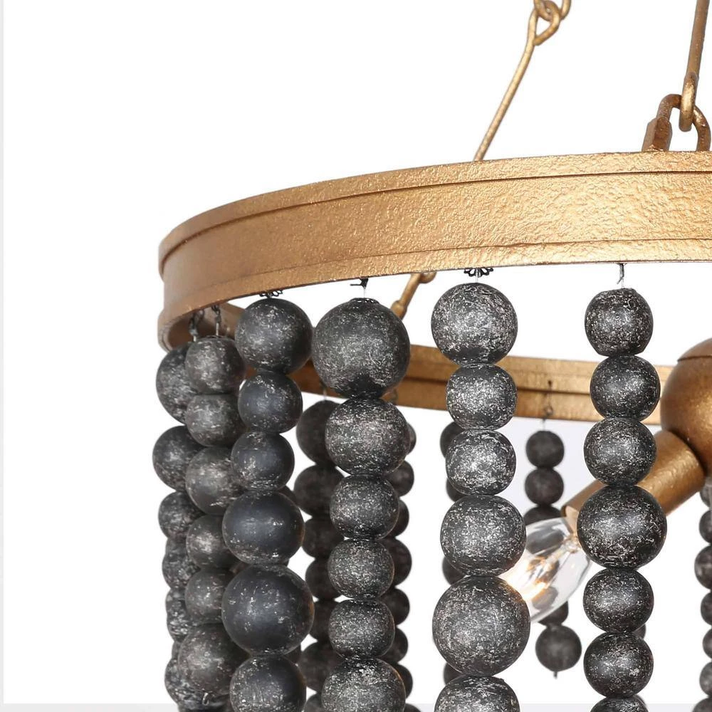 3-Light Black and Brass Gold Chandelier Light with Wooden Beads by Uolfin - Image 4