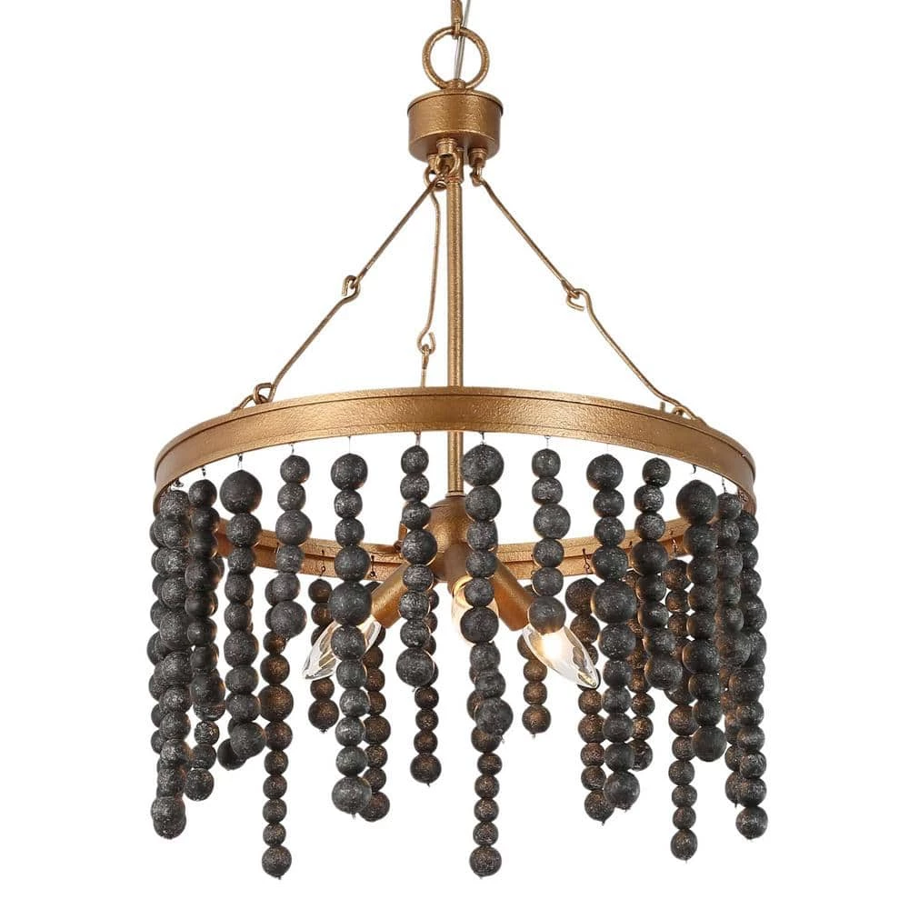 3-Light Black and Brass Gold Chandelier Light with Wooden Beads by Uolfin