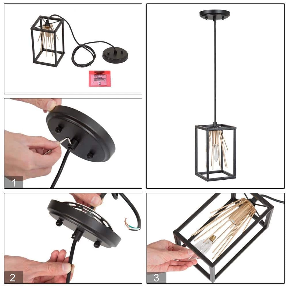 Modern Lantern Kitchen Island Pendant Light 1-Light Black and Brass Cage Pendant Light with Firework Shape Design by Uolfin - Image 6