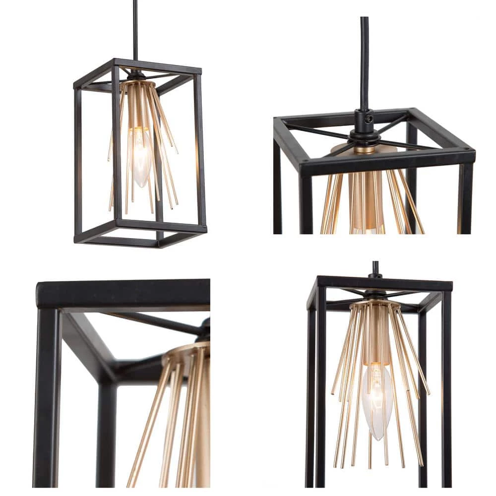 Modern Lantern Kitchen Island Pendant Light 1-Light Black and Brass Cage Pendant Light with Firework Shape Design by Uolfin - Image 5