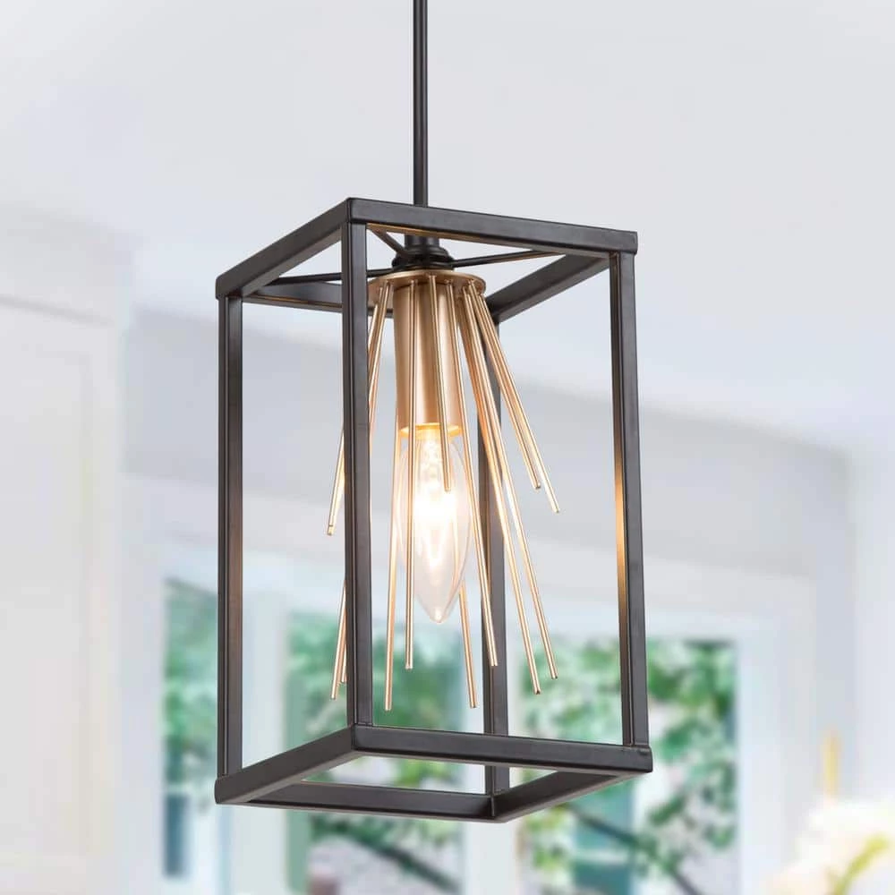 Modern Lantern Kitchen Island Pendant Light 1-Light Black and Brass Cage Pendant Light with Firework Shape Design by Uolfin