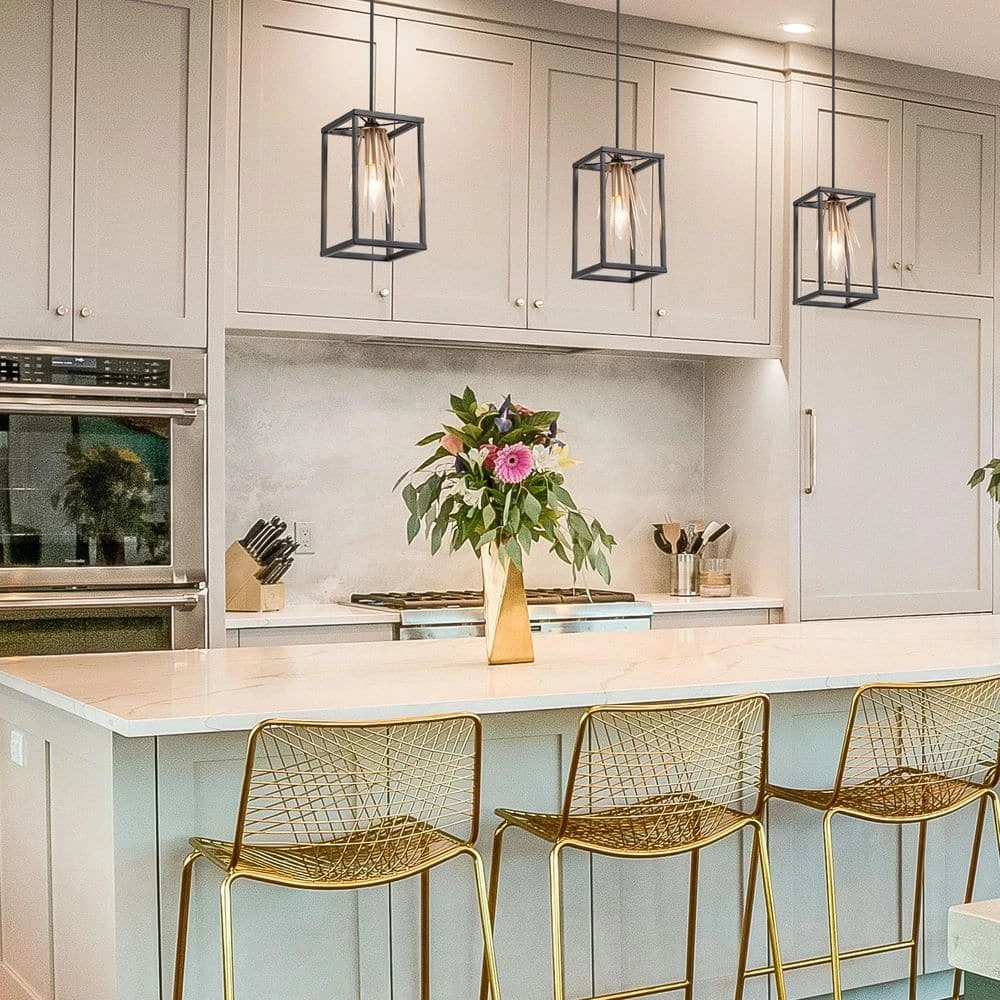 Modern Lantern Kitchen Island Pendant Light 1-Light Black and Brass Cage Pendant Light with Firework Shape Design by Uolfin - Image 2