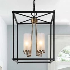 Modern Lantern Chandelier Light 4-Light Electroplate Brass & Matte Black Cage Chandelier Light with Frosted Glass Shade by Uolfin