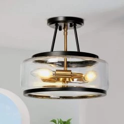 Modern Black and Brass Round Ceiling Light 3-Light Dome Semi-Flush Mount Light with Clear Glass Shade by Uolfin