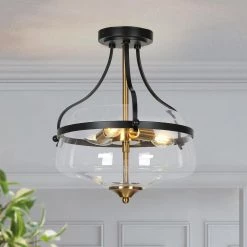Modern Farmhouse Bowl Semi-Flush Mount Lighting, 3-Light Transitional Ceiling Lights with Clear Glass Shade by Uolfin