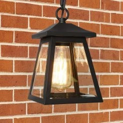 Modern Black Outdoor Hanging Light, Exton 1-Light Lantern Outdoor Patio Celing Pendant Light with Clear Glass Shade by Uolfin