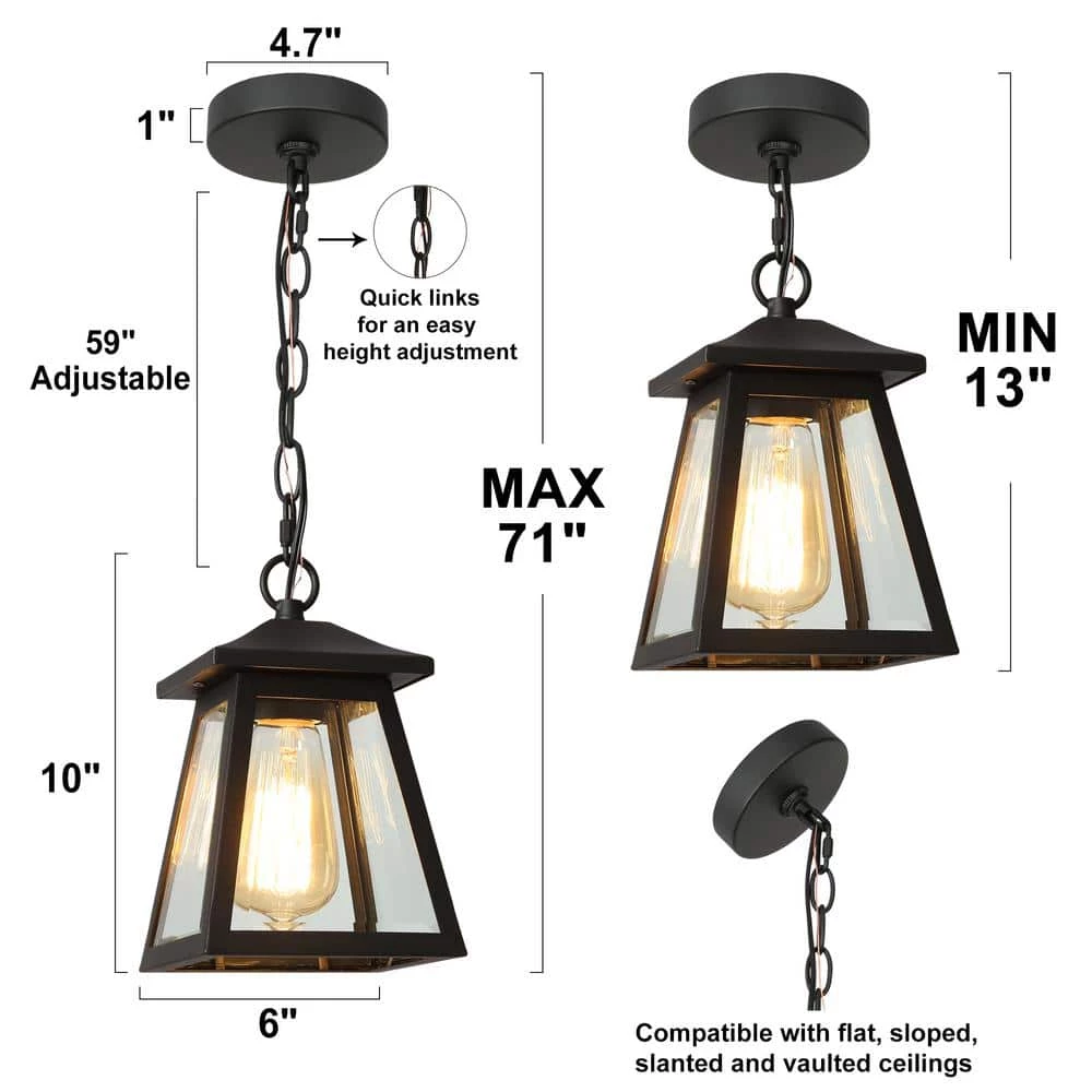 Modern Black Outdoor Hanging Light, Exton 1-Light Lantern Outdoor Patio Celing Pendant Light with Clear Glass Shade by Uolfin - Image 4
