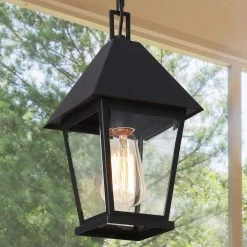 Modern Farmhouse Black Metal Outdoor Hanging Lights, 1-Light Industrial Outdoor Pendant Light with Clear Glass Shade by Uolfin