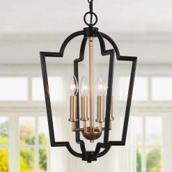 Black and Gold Kitchen Chandelier Light, 4-Light Modern Farmhouse Dining Room Lantern Cage Candle Chandelier by Uolfin