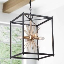 Modern Square Sputnik Chandelier Pendant Light, 4-Light Black and Gold Cage Island Chandelier by Uolfin