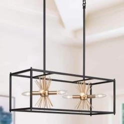 Modern Sputnik Island Chandelier Lighting, 8-Light Black and Gold Cage Chandelier Hanging Pendant Light by Uolfin