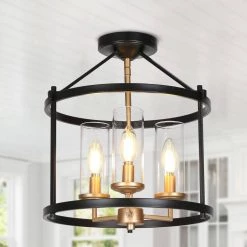 Modern Transitional Cage Semi-Flush Mount Light, 3-Light Black and Gold Farmhouse Ceiling Light with Clear Glass Shades by Uolfin