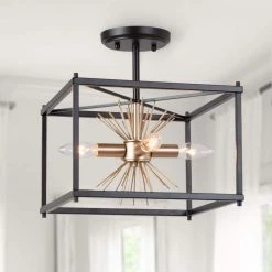 Modern Transitional Semi-flush Mount, 4-Light Black and Gold Farmhouse Square Island Ceiling Lights with Sputnik Design by Uolfin