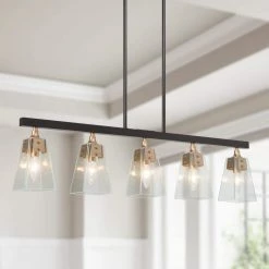 Modern Black Linear Kitchen Chandelier, 34 in. 5-Light Black and Gold Dining Room Chandelier with Seeded Glass Shades by Uolfin