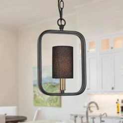 Modern Black Lantern Pendant Hanging Light Finn 1-Light Rectangle Pendant Light with Fabric Shade by Uolfin