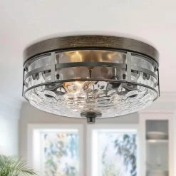 Modern Farmhouse Ceiling Light Maya 3-Light Black Kitchen Flush Mount Ceiling Light with Water Rippled Glass Shade by Uolfin