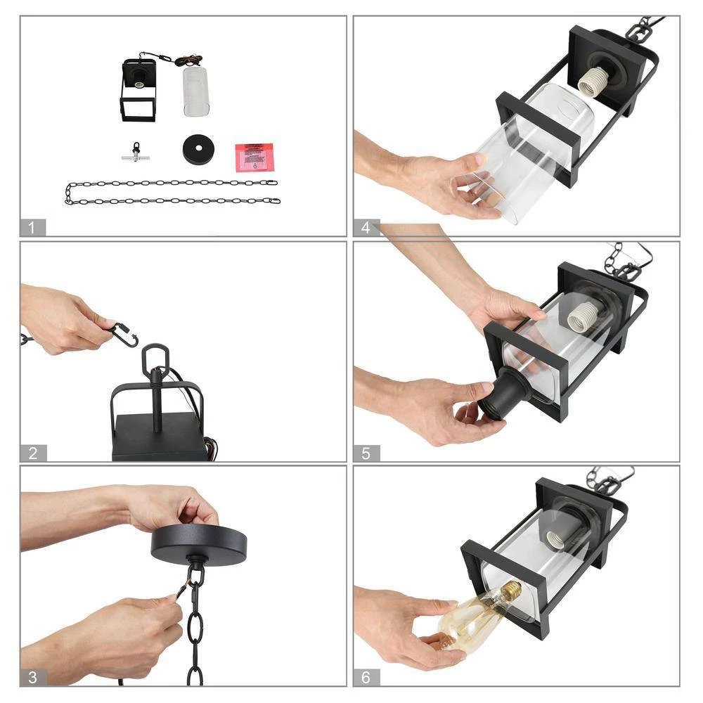 Modern Lantern Outdoor Hanging Light, Rhett 1-Light Rustic Black Cage Outdoor Pendant Light with Clear Glass Shade by Uolfin - Image 7