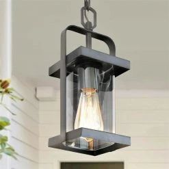 Modern Lantern Outdoor Hanging Light, Rhett 1-Light Rustic Black Cage Outdoor Pendant Light with Clear Glass Shade by Uolfin
