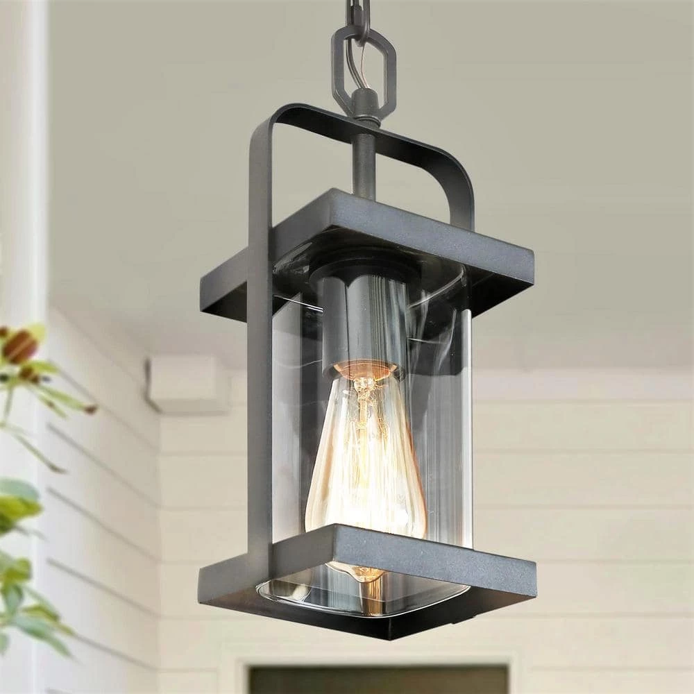 Modern Lantern Outdoor Hanging Light, Rhett 1-Light Rustic Black Cage Outdoor Pendant Light with Clear Glass Shade by Uolfin