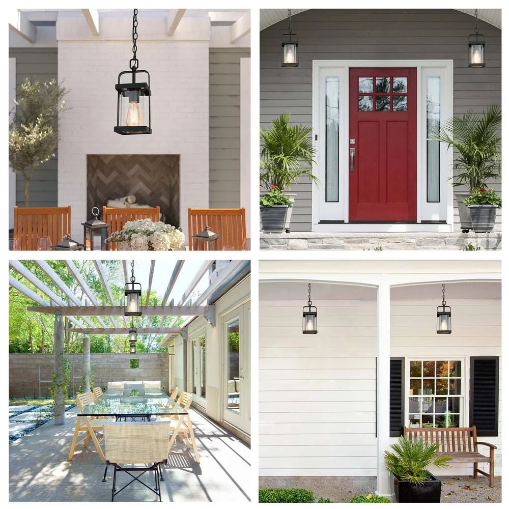 Modern Lantern Outdoor Hanging Light, Rhett 1-Light Rustic Black Cage Outdoor Pendant Light with Clear Glass Shade by Uolfin - Image 4