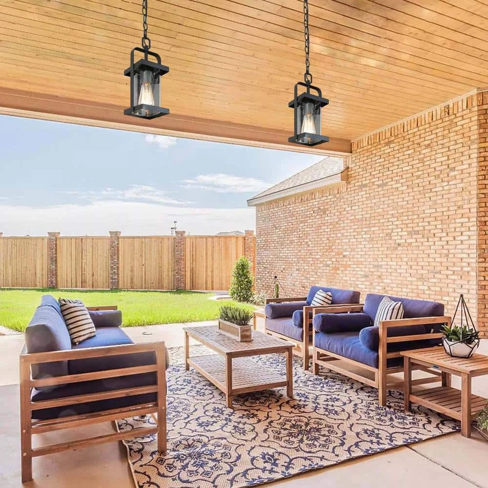 Modern Lantern Outdoor Hanging Light, Rhett 1-Light Rustic Black Cage Outdoor Pendant Light with Clear Glass Shade by Uolfin - Image 2