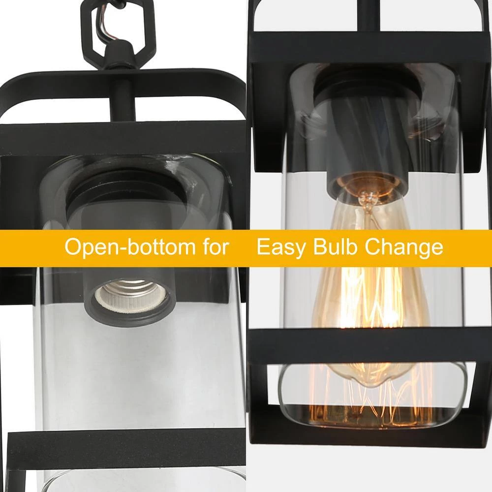 Modern Lantern Outdoor Hanging Light, Rhett 1-Light Rustic Black Cage Outdoor Pendant Light with Clear Glass Shade by Uolfin - Image 9
