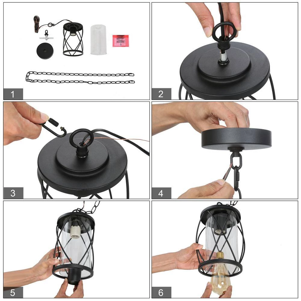 Modern Lantern Outdoor Hanging Light TORA 1-Light Black Drum Outdoor Pendant Light with Glass Shade by Uolfin - Image 6