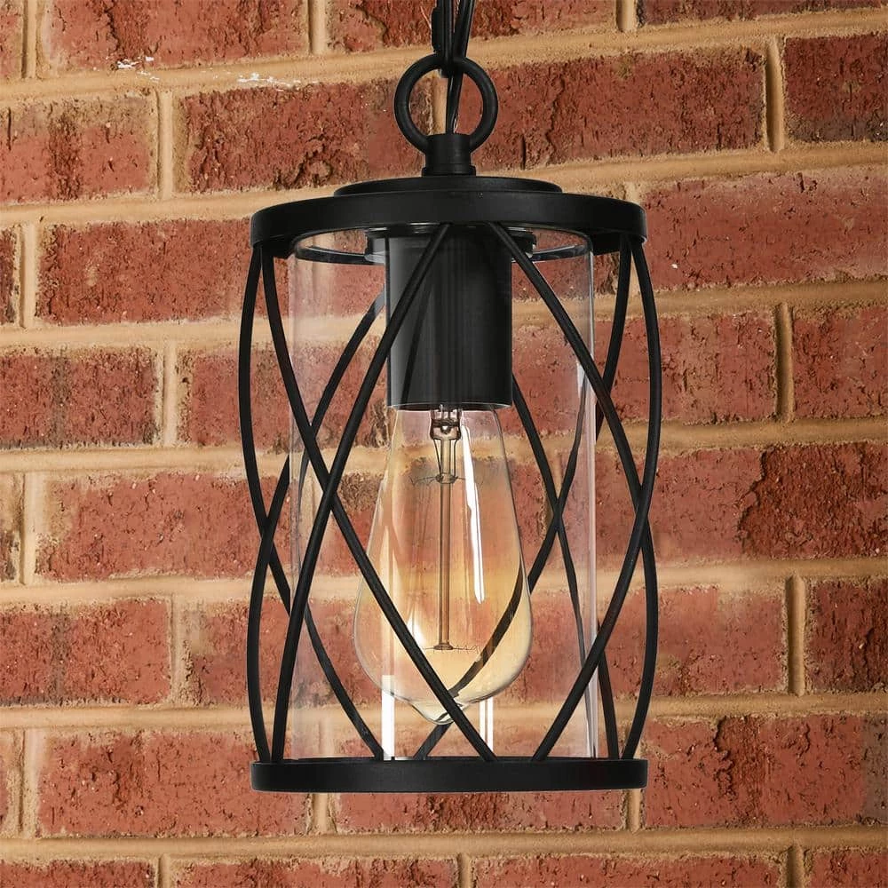Modern Lantern Outdoor Hanging Light TORA 1-Light Black Drum Outdoor Pendant Light with Glass Shade by Uolfin