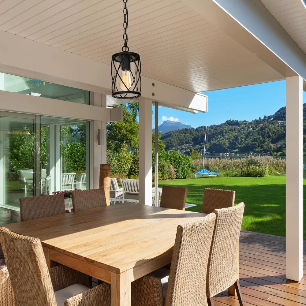 Modern Lantern Outdoor Hanging Light TORA 1-Light Black Drum Outdoor Pendant Light with Glass Shade by Uolfin - Image 2