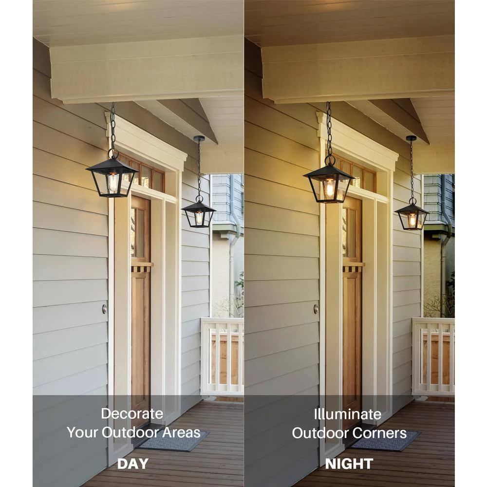 Farmhouse Black Outdoor Pendant Light, Jared 8.5 in. 1-Light Modern Cage Outdoor Ceiling Light with Seeded Glass Shade by Uolfin - Image 7