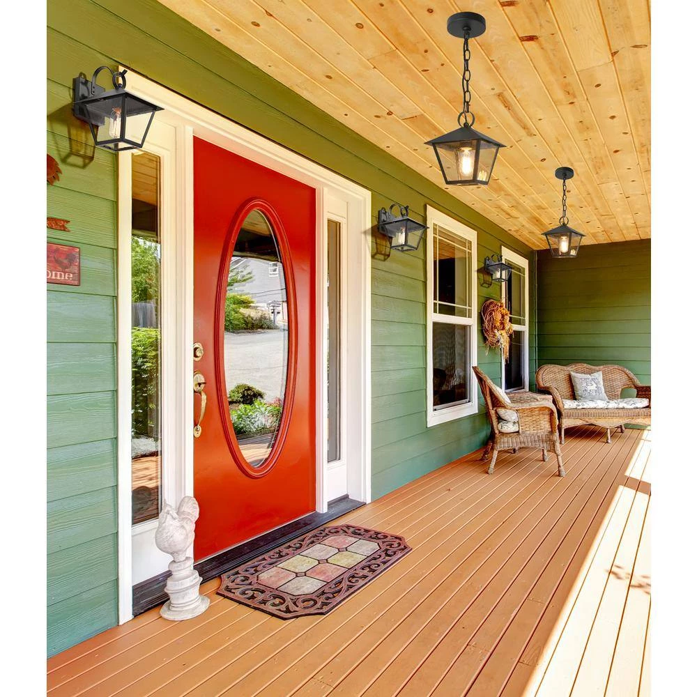 Farmhouse Black Outdoor Pendant Light, Jared 8.5 in. 1-Light Modern Cage Outdoor Ceiling Light with Seeded Glass Shade by Uolfin - Image 9