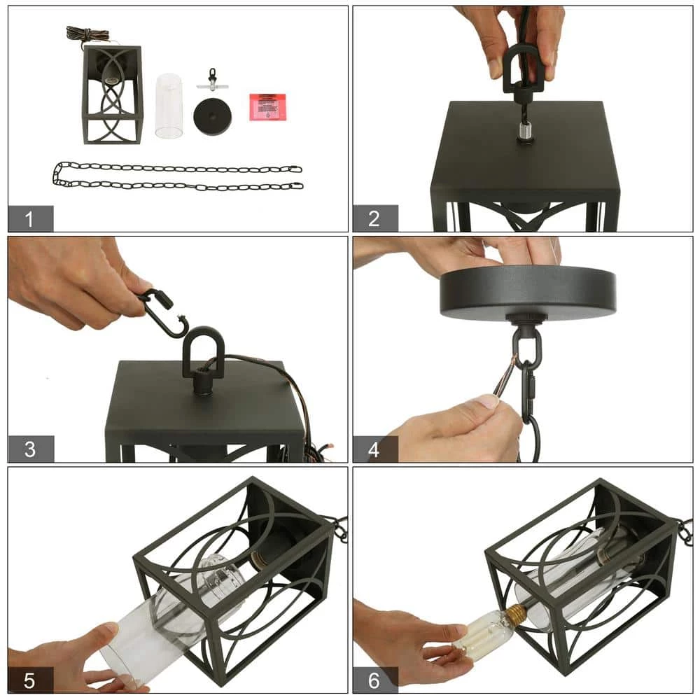 Modern Farmhouse Cage Outdoor Hanging Light 1-Light Black Lantern Outdoor Pendant Light with Clear Glass Shade by Uolfin - Image 6