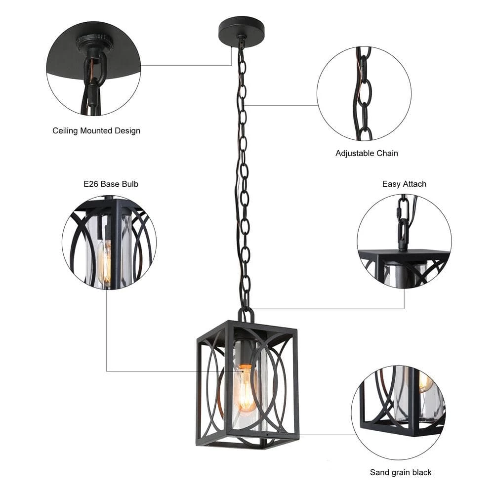Modern Farmhouse Cage Outdoor Hanging Light 1-Light Black Lantern Outdoor Pendant Light with Clear Glass Shade by Uolfin - Image 5