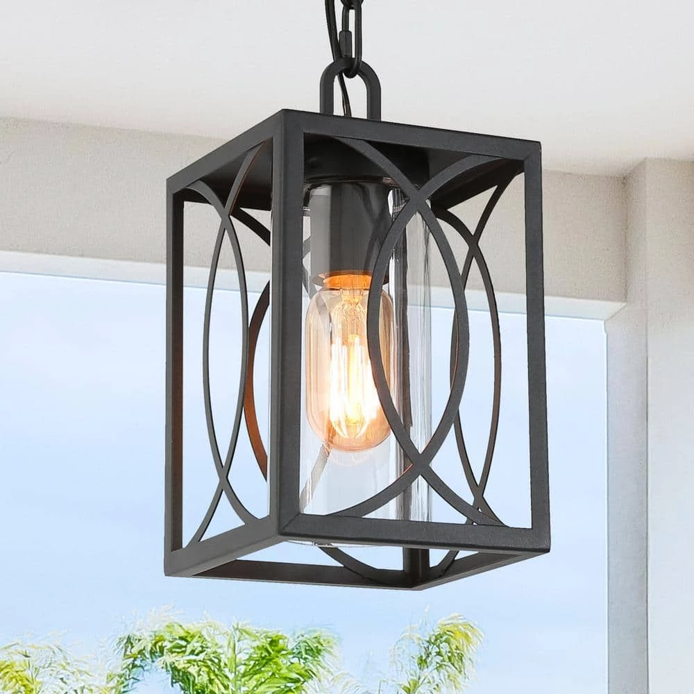 Modern Farmhouse Cage Outdoor Hanging Light 1-Light Black Lantern Outdoor Pendant Light with Clear Glass Shade by Uolfin