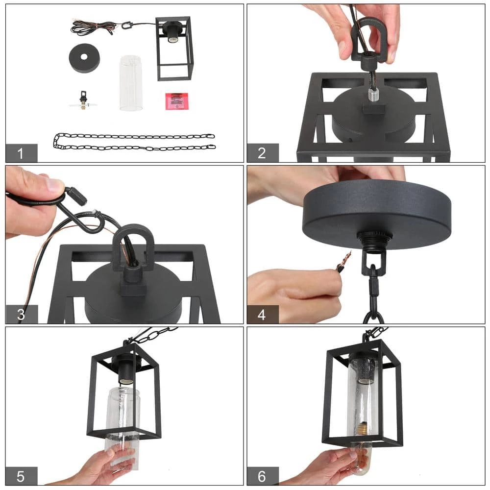 Modern Lantern Outdoor Hanging Light, Arie 1-Light Black Cage Outdoor Pendant Light with Seeded Glass Shade by Uolfin - Image 6