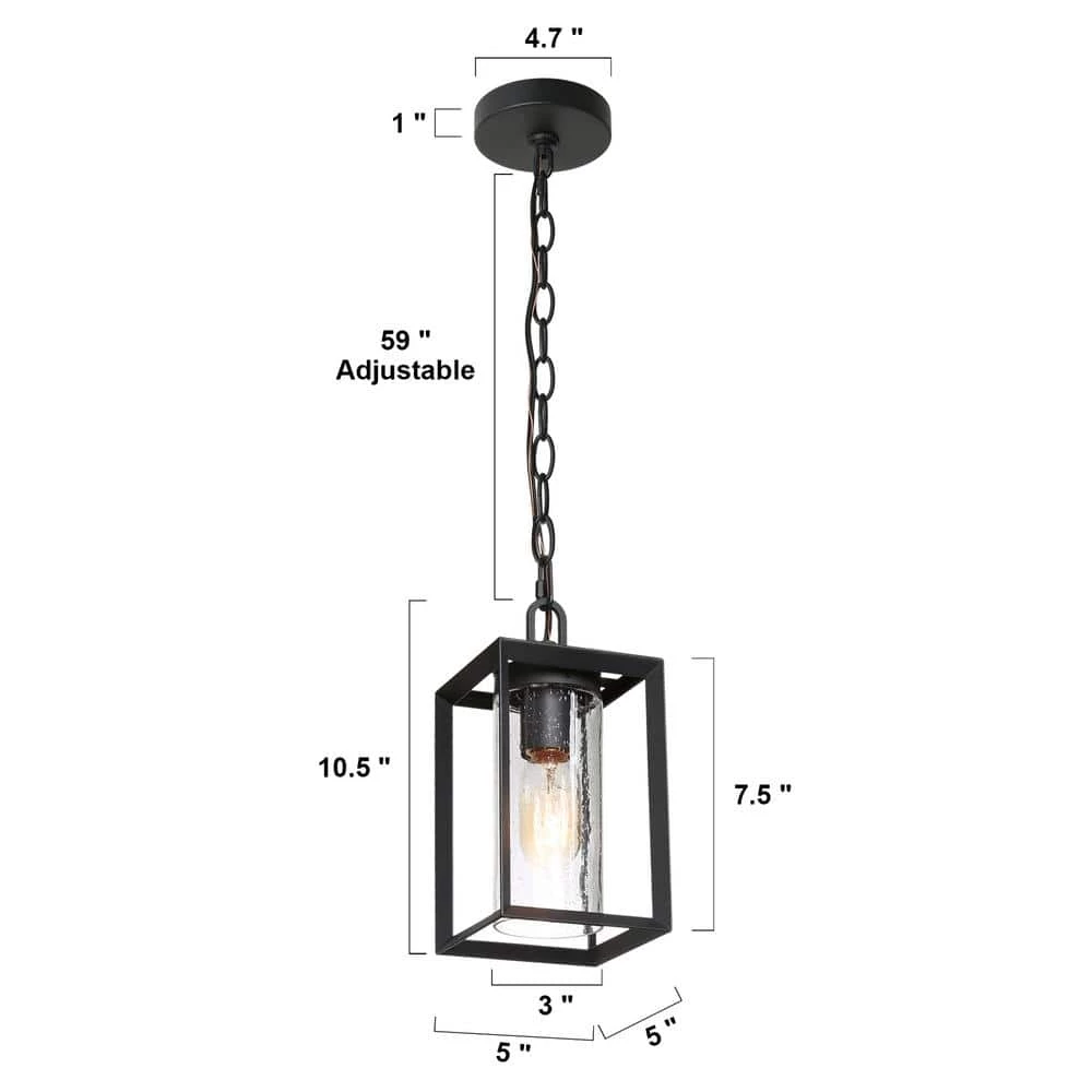Modern Lantern Outdoor Hanging Light, Arie 1-Light Black Cage Outdoor Pendant Light with Seeded Glass Shade by Uolfin - Image 3