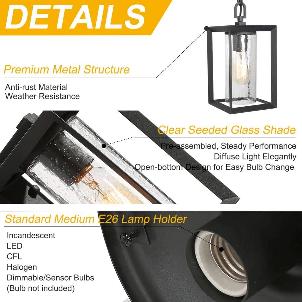 Modern Lantern Outdoor Hanging Light, Arie 1-Light Black Cage Outdoor Pendant Light with Seeded Glass Shade by Uolfin - Image 5