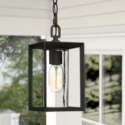 Modern Lantern Outdoor Hanging Light, Arie 1-Light Black Cage Outdoor Pendant Light with Seeded Glass Shade by Uolfin