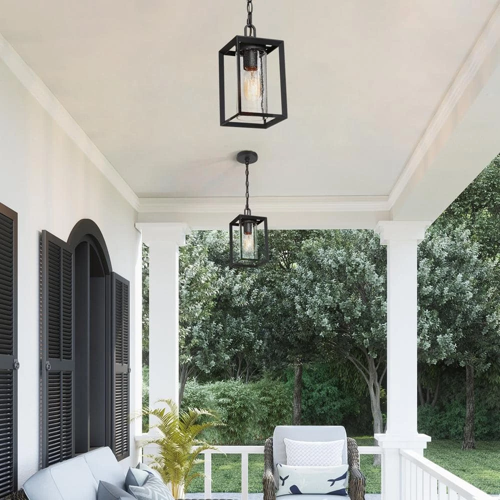 Modern Lantern Outdoor Hanging Light, Arie 1-Light Black Cage Outdoor Pendant Light with Seeded Glass Shade by Uolfin - Image 2